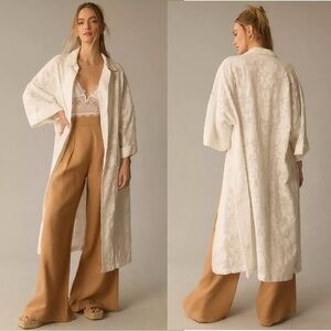 Anthropologie Textured Collared Kimono Open Front Duster Jacket White One Size